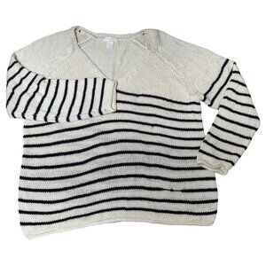 XL H&M Beige & Black Striped Knit V-Neck Sweater - Cozy, Casual Style
